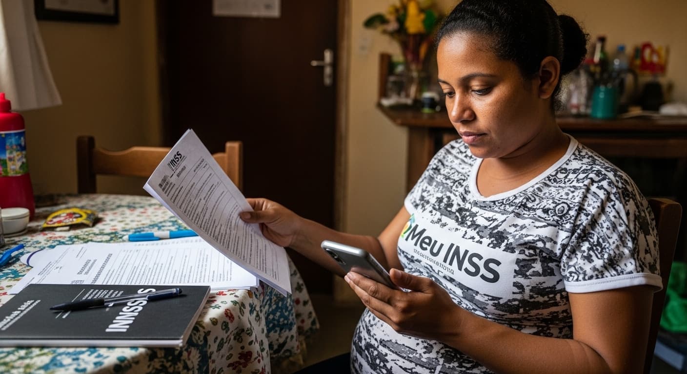 Trabalhadora autônoma gestante confere documentos do INSS e o celular sobre a mesa, em casa. Trabalhadora autônoma gestante confere documentos do INSS e o celular sobre a mesa, em casa.