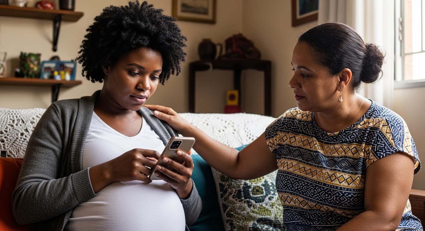 Trabalhadora autônoma grávida confere as contribuições do INSS no celular, apoiada por familiar em casa. Trabalhadora autônoma grávida confere as contribuições do INSS no celular, apoiada por familiar em casa.