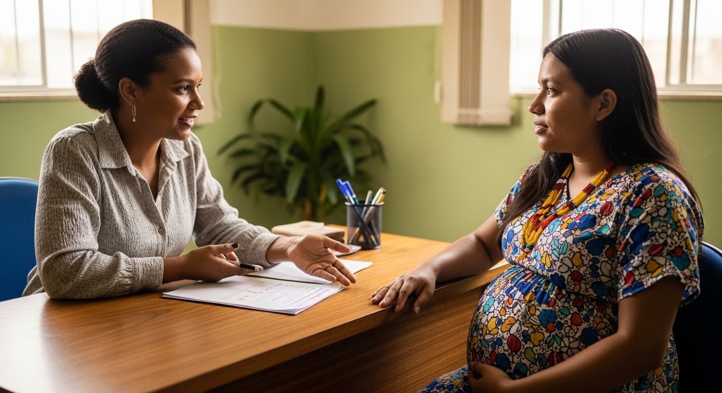 Atendente orienta gestante sobre o salário-maternidade em escritório acolhedor de assistência social. Atendente orienta gestante sobre o salário-maternidade em escritório acolhedor de assistência social.
