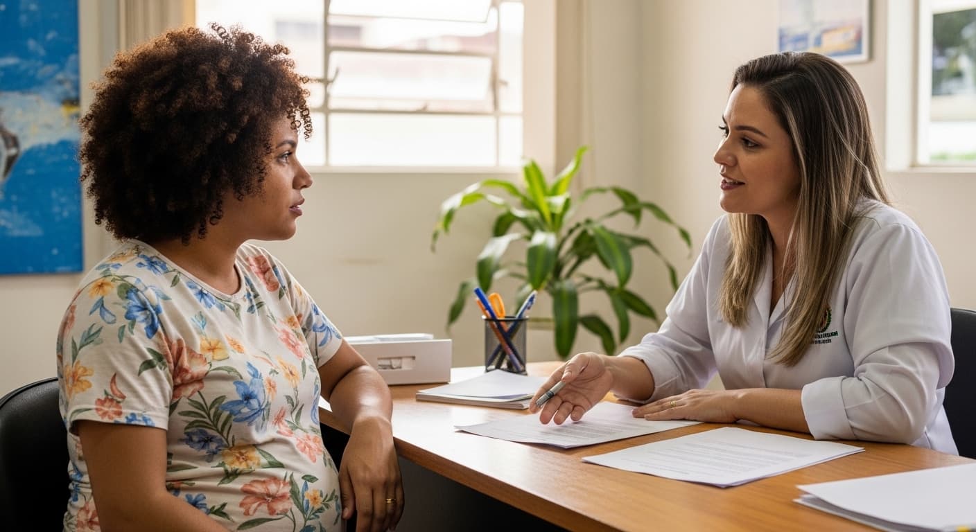 Profissional de RH orienta gestante sobre estabilidade no emprego durante atendimento em escritório. Profissional de RH orienta gestante sobre estabilidade no emprego durante atendimento em escritório.